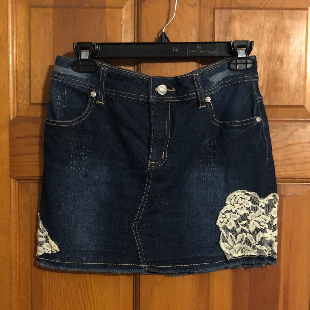 VENUS Dark Blue Denim Mini Skirt with Cream Lace Patches